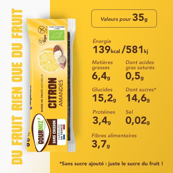 Barre de fruits BIO - citron & amandes, vegan, sans gluten (5 ACHETÉES 1 OFFERTE sur toute la gamme !)
