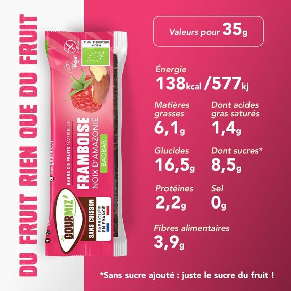 Barre de fruits BIO - framboises, noix d'Amazonie & fruit du baobab, vegan, sans gluten (5 ACHETÉES 1 OFFERTE sur toute la gamme !)