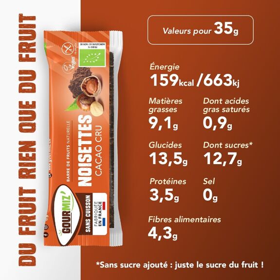 Barre de fruits BIO - noisettes & cacao cru, vegan, sans gluten (DDM : 21 Août 2025 ; 5 ACHETÉES 1 OFFERTE sur toute la gamme !)