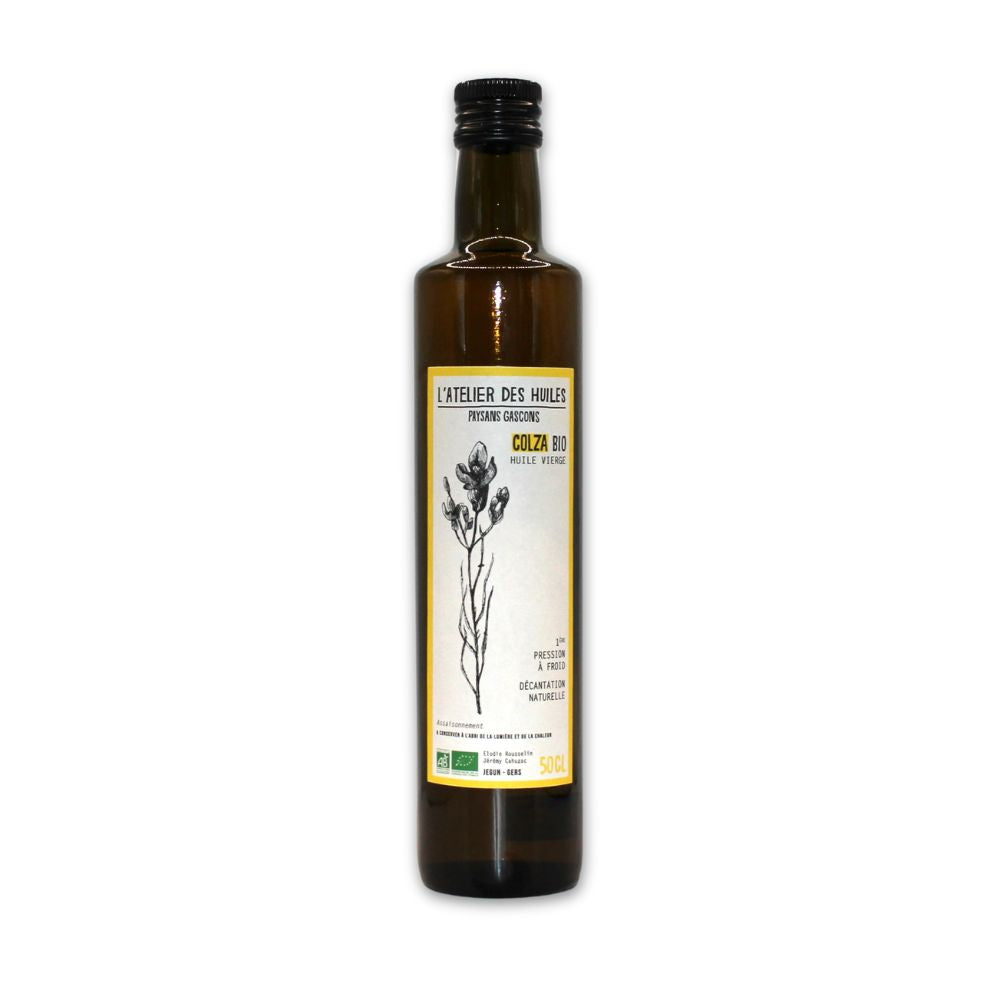 Bouteille en verre d'huile de colza bio de l'Atelier des Huiles 50cl
