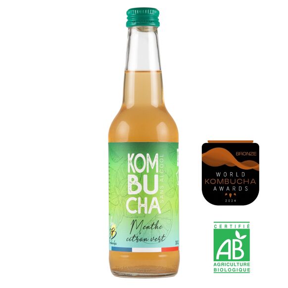 kombucha menthe, citron vert et poivre vert, boisson pétillante bio aux arômes frais et épicés.
