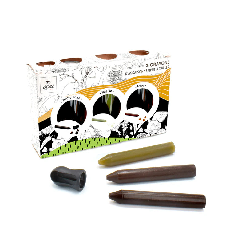 Coffret Festin festif - 3 crayons d'assaisonnement : Truffe noire, Basilic (BIO), Cèpe (DDM : Basilic et Cèpe 30 juin 2025 ; Truffe 31 juillet 2025)