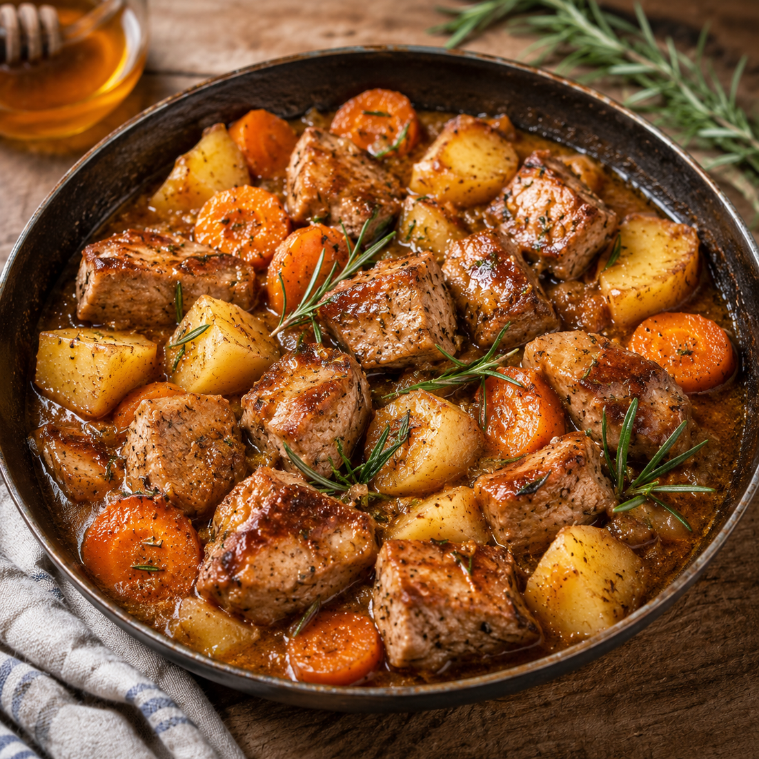 Sauté de porc fermier, miel et romarin