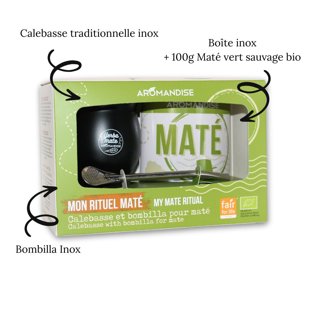box contenant calebasse, bombilla et boîte de maté 100g en inox