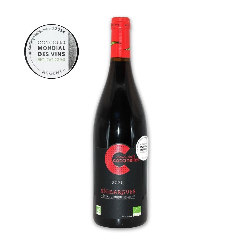 Bouteille de Côtes du Rhône Villages Signargues 2020 cuvée prestige vin bio Château des Coccinelles