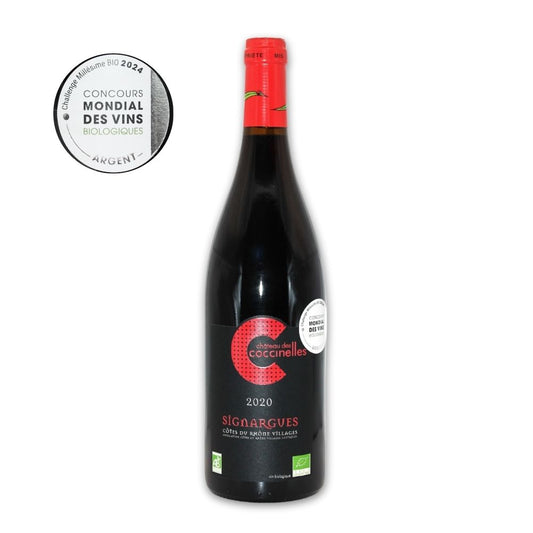 Bouteille de Côtes du Rhône Villages Signargues 2020 cuvée prestige vin bio Château des Coccinelles