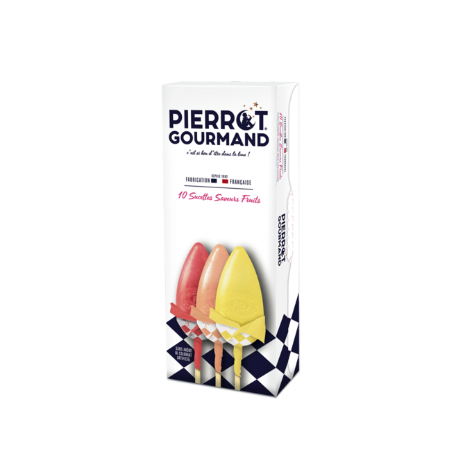 Un étui de 10 sucettes aux fruits Pierrot Gourmand