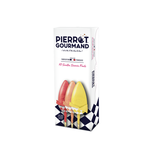 Un étui de 10 sucettes aux fruits Pierrot Gourmand