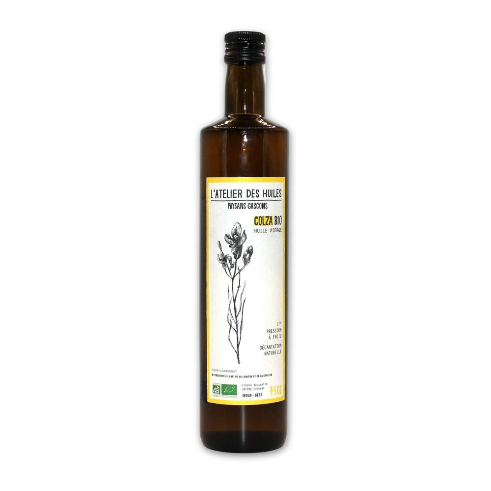 Bouteille en verre d'huile de colza bio de l'Atelier des Huiles 75cl