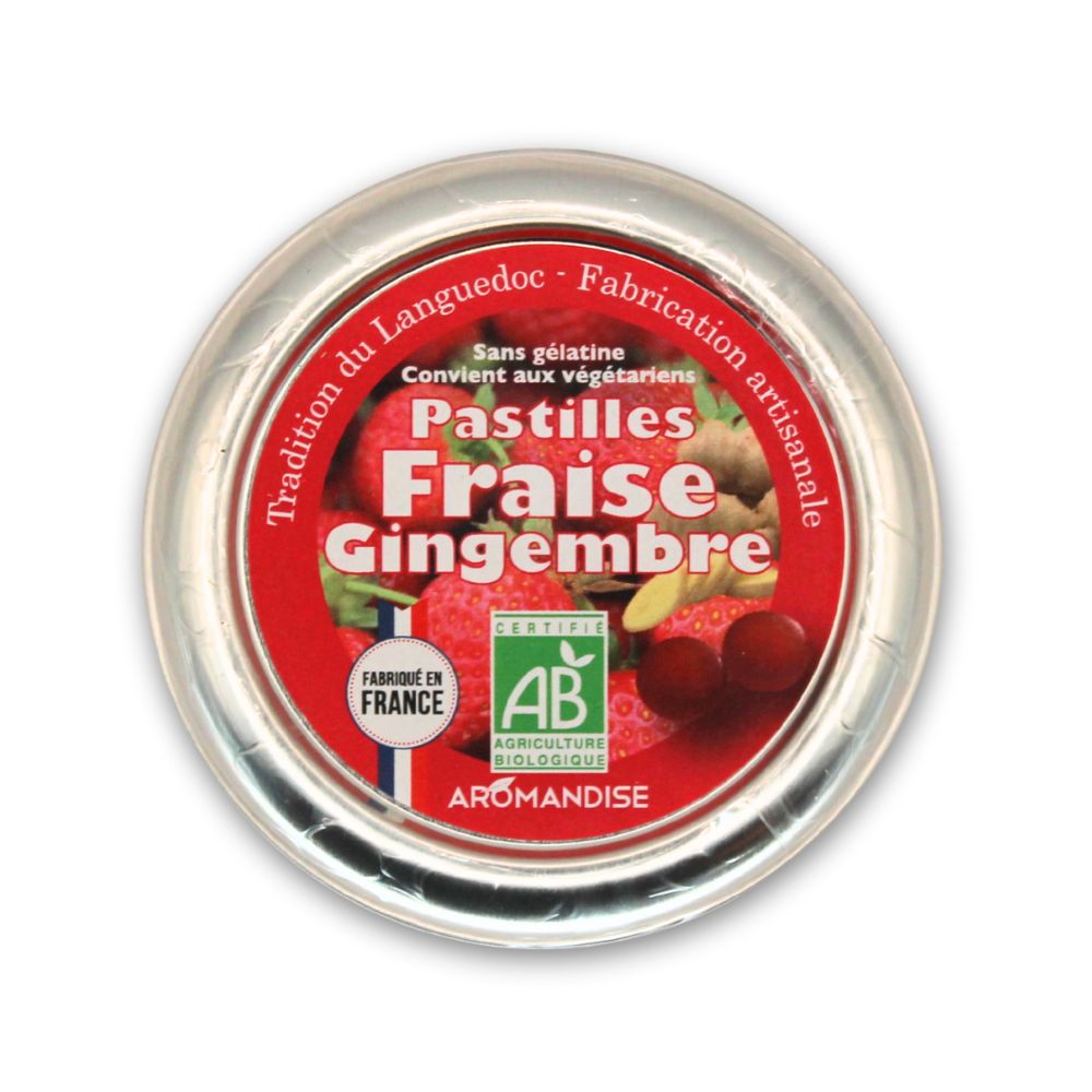 Pastilles bio fraise gingembre Aromandise, confiserie traditionnelle du Languedoc en boîte métallique
