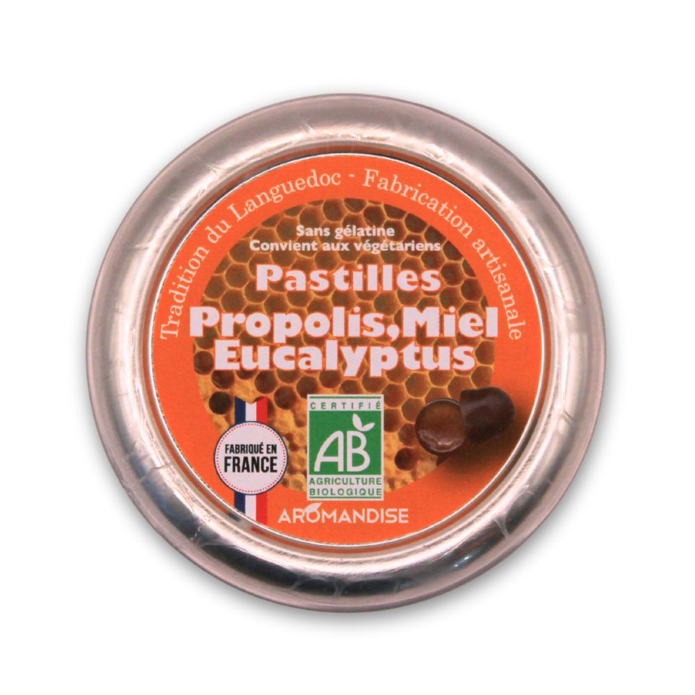 Pastilles bio propolis miel eucalyptus Aromandise, confiserie artisanale du Languedoc en boîte métal