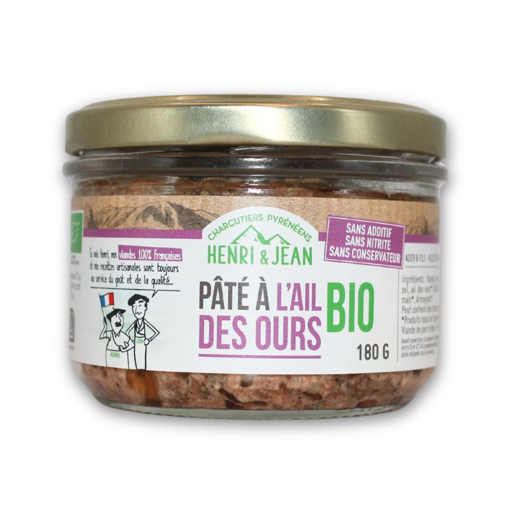Un bocal en verre de pâté bio à l'ail des ours Henri et Jean des Hautes-Pyrénées