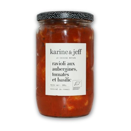 un bocal en verre de ravioli aux aubergines, tomate et basilic de karine et jeff