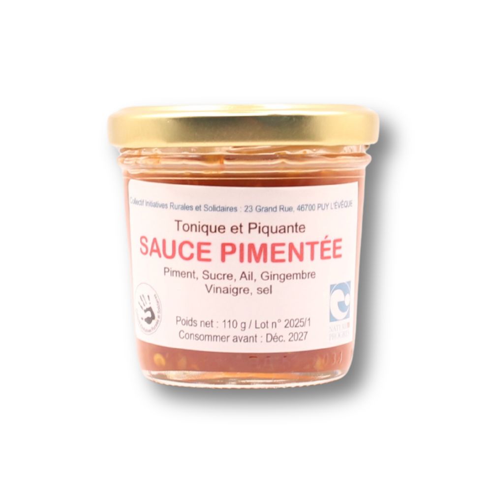 Un pot en verre 110g de sauce aux piments confits bio fabriquée dans le Lot