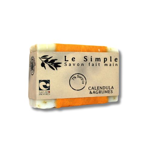 Savon bio artisanal au calendula et aux agrumes, peaux sensibles, fabriqué à Puy-lévêque (46)